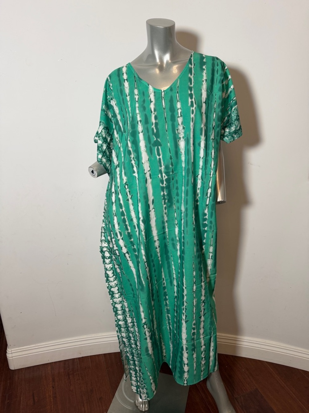 Bohemian Green Tie-Dye V-Neck Caftan Kimono Beach Summer  Maxi Dress